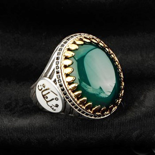 Kişiye Özel İsimli Yeşil Akik Taşlı 925 Ayar Gümüş Erkek Yüzüğü